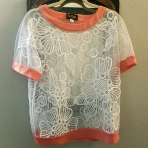 !SALE! Bob Mackie Sheer Floral and Sequin White Blouse Sz S with Peach Trim